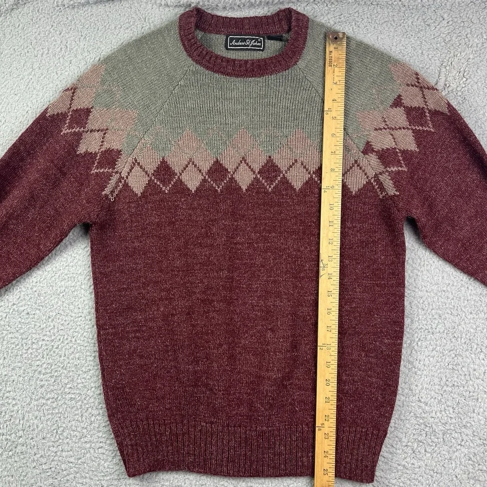 Vintage Andrew‎ St John Sweater Grey Red Patterned Acrylic Crewneck 90s Large